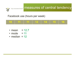 measures of central tendency
10 11 11 12 14 15 16
Facebook use (hours per week)
• mean = 12.7
• mode = 11
• median = 12
 