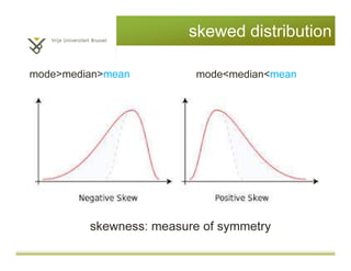 skewed distribution
mode<median<meanmode>median>mean
skewness: measure of symmetry
 