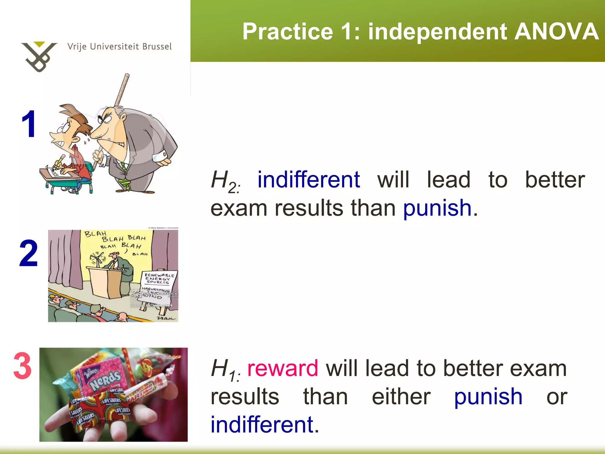 Practice 1: independent ANOVA
H1: reward will lead to better exam
results than either punish or
indifferent.
H2: indifferent will lead to better
exam results than punish.
1
2
3
 