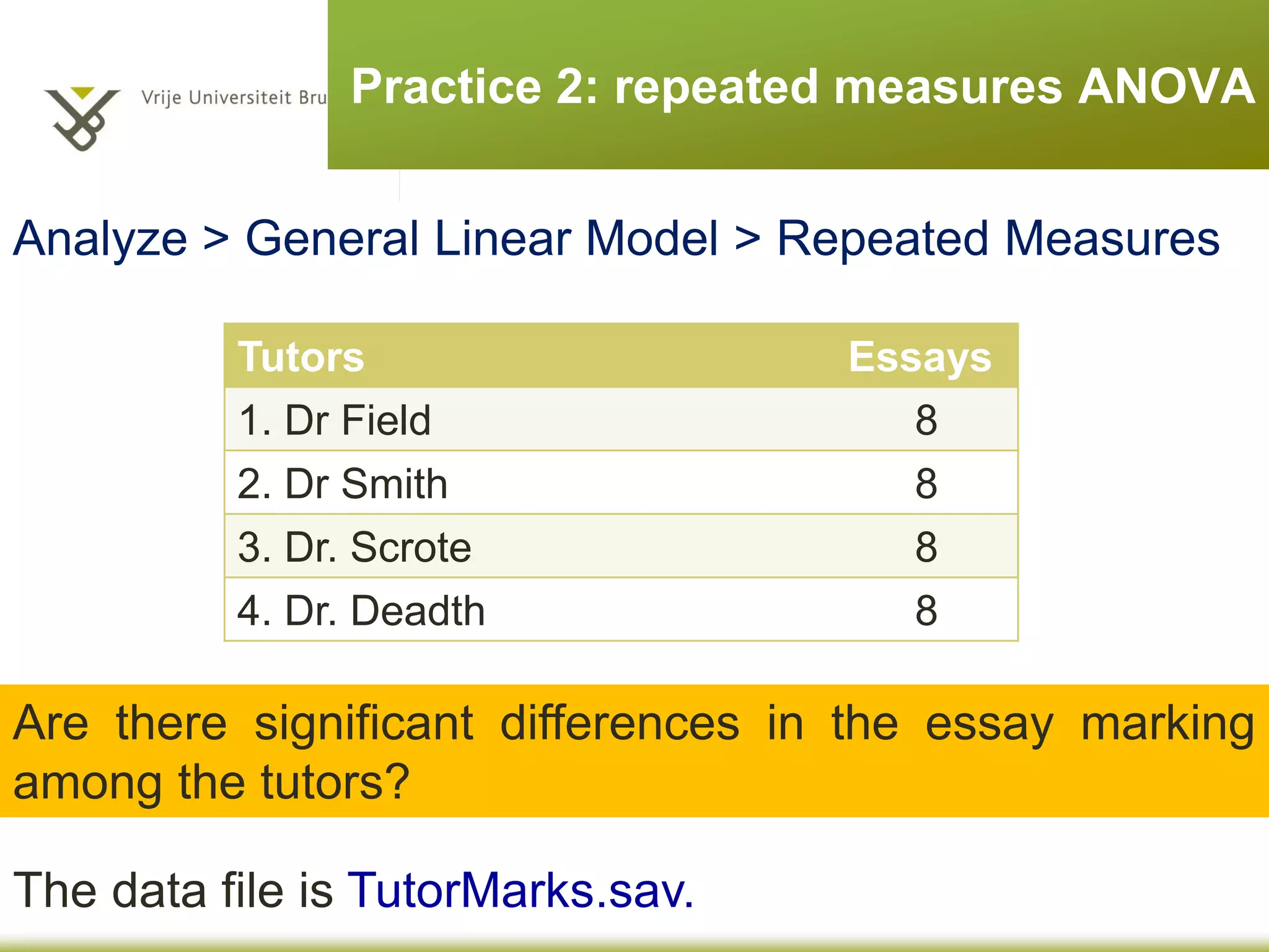 Post hoc testing
• Significant F value
– At least one condition mean is significantly different from
the others
• But which one?
• Post hoc tests
– Bonferroni
– Tukey
– Sidak
– ….
 