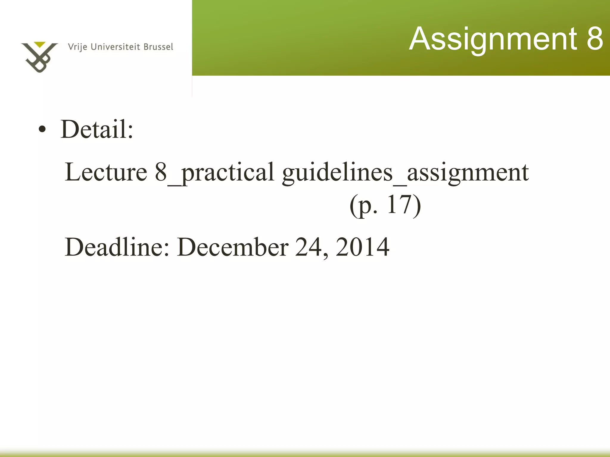 Practice 3: MANOVA
(report)
Using Pillai’s trace, there was a significant difference in the
scores on the five knowledge tests among the first, second,
and third year students, V = .51, F (10, 68) = 2.33, p < .05.
 