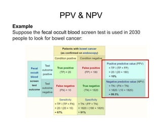 Example
Suppose the fecal occult blood screen test is used in 2030
people to look for bowel cancer:
PPV & NPV
 