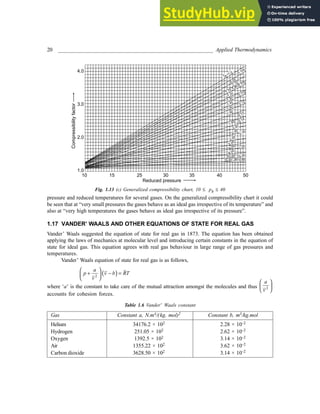 20 _________________________________________________________ Applied Thermodynamics
Fig. 1.13 (c) Generalized compressibility chart, 10 ≤ pR ≤ 40
pressure and reduced temperatures for several gases. On the generalized compressibility chart it could
be seen that at “very small pressures the gases behave as an ideal gas irrespective of its temperature” and
also at “very high temperatures the gases behave as ideal gas irrespective of its pressure”.
1.17 VANDER’ WAALS AND OTHER EQUATIONS OF STATE FOR REAL GAS
Vander’ Waals suggested the equation of state for real gas in 1873. The equation has been obtained
applying the laws of mechanics at molecular level and introducing certain constants in the equation of
state for ideal gas. This equation agrees with real gas behaviour in large range of gas pressures and
temperatures.
Vander’ Waals equation of state for real gas is as follows,
( )
2
a
p v b RT
v
 
+ − =
 
 
where ‘a’ is the constant to take care of the mutual attraction amongst the molecules and thus 2
a
v
 
 
 
accounts for cohesion forces.
Table 1.6 Vander’ Waals constant
Gas Constant a, N.m4/(kg. mol)2 Constant b, m3/kg.mol
Helium 34176.2 × 102 2.28 × 10–2
Hydrogen 251.05 × 102 2.62 × 10–2
Oxygen 1392.5 × 102 3.14 × 10–2
Air 1355.22 × 102 3.62 × 10–2
Carbon dioxide 3628.50 × 102 3.14 × 10–2
 
