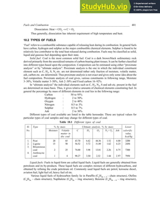 Fuels and Combustion __________________________________________________________ 401
Dissociation: Heat + CO2 ® C + O2
Thus generally, dissociation has inherent requirement of high temperature and heat.
10.2 TYPES OF FUELS
‘Fuel’ refers to a combustible substance capable of releasing heat during its combustion. In general fuels
have carbon, hydrogen and sulphur as the major combustible chemical elements. Sulphur is found to be
relatively less contributor to the total heat released during combustion. Fuels may be classified as solid,
liquid and gaseous fuel depending upon their state.
Solid fuel: Coal is the most common solid fuel. Coal is a dark brown/black sedimentary rock
derived primarily from the unoxidized remains of carbon-bearing plant tissues. It can be further classified
into different types based upon the composition. Composition can be estimated using either “proximate
analysis” or by “ultimate analysis”. Proximate analysis is the one in which the individual constituent
element such as C, H2, S, N2 etc. are not determined rather only fraction of moisture, volatile matter,
ash, carbon etc. are determined. Thus proximate analysis is not exact and gives only some idea about the
fuel composition. Proximate analysis of coal gives, various constituents in following range, Moisture
3–30%, Volatile matter 3–50%, Ash 2–30% and Fixed carbon 16–92%.
In “ultimate analysis” the individual elements such as C, H2, N2, S and ash etc. present in the fuel
are determined on mass basis. Thus, it gives relative amounts of chemical elements constituting fuel. In
general the percentage by mass of different elements in coal lies in the following range:
Carbon : 50 to 95%
Hydrogen : 2 to 50%
Oxygen : 2 to 40%
Nitrogen : 0.5 to 3%
Sulphur : 0.5 to 7%
Ash : 2 to 30%
Different types of coal available are listed in the table hereunder. These are typical values for
particular types of coal samples and may change for different types of coal.
Table 10.1 Different types of coal
Sl. Type % by mass Ultimate analysis, % by mass Lower
No. Moisture Volatile C H2 O2 N2+ S2 Ash calorific
matter in value,
dry coal kcal/kg
1. Peat 20 65 43.70 6.42 44.36 1.52 4.00 3200
2. Lignite 15 50 56.52 5.72 31.89 1.62 4.25 2450
3. Bituminous
coal 2 25 74.00 5.98 13.01 2.26 4.75 7300
4. Anthracite
coal 1 4 90.27 3.30 2.32 1.44 2.97 7950
Liquid fuels: Fuels in liquid form are called liquid fuels. Liquid fuels are generally obtained from
petroleum and its by-products. These liquid fuels are complex mixture of different hydrocarbons, and
obtained by refining the crude petroleum oil. Commonly used liquid fuels are petrol, kerosene diesel,
aviation fuel, light fuel oil, heavy fuel oil etc.
Various liquid fuels of hydrocarbon family lie in Paraffin (CnH2n + 2 – chain structure), Olefins
(CnH2n – chain structure), Napthalene (CnH2n – ring structure), Benzene (CnH2n – 6 – ring structure),
 