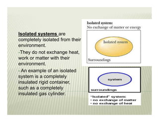 Isolated systems are
completely isolated from their
environment.
They do not exchange heat,
work or matter with their
environment.
 An example of an isolated
system is a completely
insulated rigid container,
such as a completely
insulated gas cylinder.
 