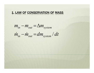 1. LAW OF CONSERVATION OF MASS
dtdmmm
mmm
systemoutin
systemoutin
/


 