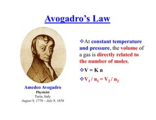 At constant temperature
and pressure, the volume of
a gas is directly related to
the number of moles.
V = K n
V1 / n1 = V2 / n2
Avogadro’s Law
Amedeo Avogadro
Physicist
Turin, Italy
August 9, 1776 – July 9, 1856
 