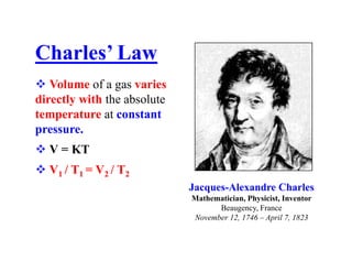  Volume of a gas varies
directly with the absolute
temperature at constant
pressure.
 V = KT
 V1 / T1 = V2 / T2
Charles’ Law
Jacques-Alexandre Charles
Mathematician, Physicist, Inventor
Beaugency, France
November 12, 1746 – April 7, 1823
 