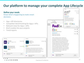 Our	
  plaRorm	
  to	
  manage	
  your	
  complete	
  App	
  Lifecycle	
  
Deﬁne	
  your	
  needs	
  
Know	
  what's	
  happening	
  to	
  make	
  smart	
  
decisions	
  
	
  
•  App	
  +	
  API	
  directories	
  
•  Compe?tor	
  benchmarking	
  for	
  Apps	
  +	
  APIs	
  
•  Relevant	
  news	
  for	
  Apps	
  +	
  APIs	
  
•  Brief	
  crea?on	
  for	
  your	
  projects	
  
•  Trend	
  reports	
  




                                                       Proprietary	
  &	
  Conﬁden?al	
  
                                                                                            21	
  
 