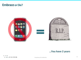 Embrace	
  or	
  Die?	
  




                                                                 …You	
  have	
  2	
  years	
  

                            Proprietary	
  &	
  Conﬁden?al	
  
                                                                                                  6	
  
 