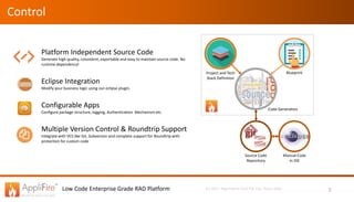 Low Code Enterprise Grade RAD Platform (c) 2017, Algorhythm Tech Pvt. Ltd., Pune, India
Control
Platform Independent Source Code
Generate high quality, consistent, exportable and easy to maintain source code. No
runtime dependency!
Eclipse Integration
Modify your business logic using our eclipse plugin.
Configurable Apps
Configure package structure, logging, Authentication Mechanism etc.
Multiple Version Control & Roundtrip Support
Integrate with VCS like Git, Subversion and complete support for Roundtrip with
protection for custom code
5
Project and Tech
Stack Definition
Blueprint
Manual Code
in IDE
Source Code
Repository
Code Generation
 