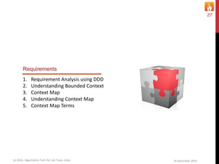 16 December 2015(c) 2015, Algorhythm Tech Pvt Ltd. Pune, India
27
1. Requirement Analysis using DDD
2. Understanding Bounded Context
3. Context Map
4. Understanding Context Map
5. Context Map Terms
Requirements
 