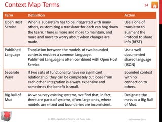 Context Map Terms
Term Definition Action
Open Host
Service
When a subsystem has to be integrated with many
others, customizing a translator for each can bog down
the team. There is more and more to maintain, and
more and more to worry about when changes are
made.
Use a one of
translator to
augment the
Protocol to share
info (REST)
Published
Language
Translation between the models of two bounded
contexts requires a common language.
Published Language is often combined with Open Host
Service.
Use a well
documented
shared language
(JSON)
Separate
Ways
If two sets of functionality have no significant
relationship, they can be completely cut loose from
each other. Integration is always expensive and
sometimes the benefit is small.
Bounded context
with no
connection to
others.
Big Ball of
Mud
As we survey existing systems, we find that, in fact,
there are parts of systems, often large ones, where
models are mixed and boundaries are inconsistent.
Designate the
mess as a Big Ball
of Mud.
16 December 2015(c) 2015, Algorhythm Tech Pvt Ltd. Pune, India
34
 