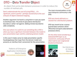 DTO – Data Transfer Object
57
An object that carries data between processes in order to reduce the
number of method calls.
The most misused pattern in the
Java Enterprise community is the
DTO.
DTO was clearly defined as a
solution for a distribution problem.
DTO was meant to be a coarse-
grained data container which
efficiently transports data between
processes (tiers).
On the other hand considering a
dedicated DTO layer as an
investment, rarely pays off and
often lead to over engineered
bloated architecture.
Real World Java
EE Patterns
Adam Bien
http://realworldpatterns.com
Don't underestimate the cost of [using DTOs].... It's
significant, and it's painful - perhaps second only to the cost
and pain of object-relational mapping.
Another argument I've heard is using them in case you want
to distribute later. This kind of speculative distribution
boundary is what I rail against. Adding remote boundaries
adds complexity.
One case where it is useful to use something like a DTO is
when you have a significant mismatch between the model in
your presentation layer and the underlying domain model.
In this case it makes sense to make presentation specific
facade/gateway that maps from the domain model and
presents an interface that's convenient for the presentation.
Patterns of Enterprise
Application Architecture
Martin Fowler
http://martinfowler.com/books/eaa.html
401
P of EAA
 