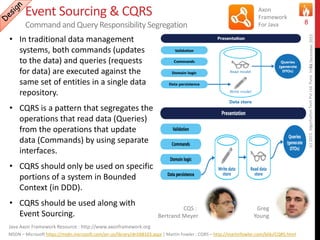 Event Sourcing & CQRS
Command and Query Responsibility Segregation
• In traditional data management
systems, both commands (updates
to the data) and queries (requests
for data) are executed against the
same set of entities in a single data
repository.
• CQRS is a pattern that segregates the
operations that read data (Queries)
from the operations that update
data (Commands) by using separate
interfaces.
• CQRS should only be used on specific
portions of a system in Bounded
Context (in DDD).
• CQRS should be used along with
Event Sourcing.
16December2015(c)2015,AlgorhythmTechPvtLtd.Pune,India
8
MSDN – Microsoft https://msdn.microsoft.com/en-us/library/dn568103.aspx | Martin Fowler : CQRS – http://martinfowler.com/bliki/CQRS.html
CQS :
Bertrand Meyer
Axon
Framework
For Java
Java Axon Framework Resource : http://www.axonframework.org
Greg
Young
 