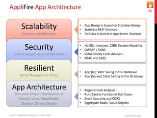 AppliFire App Architecture
16 December 2015(c) 2015, Algorhythm Tech Pvt Ltd. Pune, India
86
Scalability
Stateless Architecture
Security
Built-in Security based on Standards
Resilient
Better Management of App
App Architecture
Behavior Driven Development
Model, View, ViewModel
Domain Driven Design
• App Design is based on Stateless Design
• Stateless REST Services
• No Data is stored in App Server Sessions
• No SQL Injection, CSRF, Session Hijacking
• OWASP / SANS
• Vulnerability Code Analysis
• RBAC and LBAC
• App (UI) State Saving in the Database
• App (Server) State Saving in the Database
• Requirement Analysis
• Auto Create Functional Test Cases
• Event Sourcing and CQRS
• Aggregate Roots, Value Objects
 