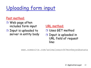2: Application Layer 15
Uploading form input
Post method:
 Web page often
includes form input
 Input is uploaded to
server in entity body
URL method:
 Uses GET method
 Input is uploaded in
URL field of request
line:
www.somesite.com/animalsearch?monkeys&banana
 