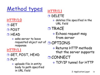 2: Application Layer 16
Method types
HTTP/1.0
 GET
 POST
 HEAD
 asks server to leave
requested object out of
response
HTTP/1.1
 GET, POST, HEAD
 PUT
 uploads file in entity
body to path specified
in URL field
HTTP/1.1
 DELETE
 deletes file specified in the
URL field
 TRACE
 Echoes request msg
from server
 OPTIONS
 Returns HTTP methods
that the server supports
 CONNECT
 TCP/IP tunnel for HTTP
 