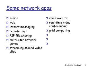 2: Application Layer 2
Some network apps
 e-mail
 web
 instant messaging
 remote login
 P2P file sharing
 multi-user network
games
 streaming stored video
clips
 voice over IP
 real-time video
conferencing
 grid computing



 