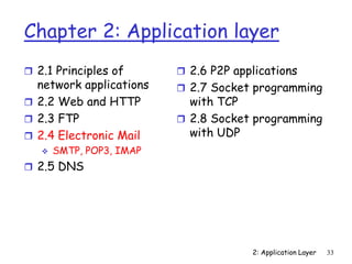 2: Application Layer 33
Chapter 2: Application layer
 2.1 Principles of
network applications
 2.2 Web and HTTP
 2.3 FTP
 2.4 Electronic Mail
 SMTP, POP3, IMAP
 2.5 DNS
 2.6 P2P applications
 2.7 Socket programming
with TCP
 2.8 Socket programming
with UDP
 