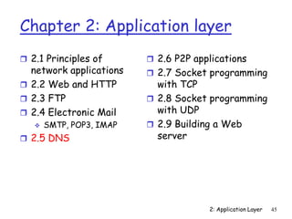 2: Application Layer 45
Chapter 2: Application layer
 2.1 Principles of
network applications
 2.2 Web and HTTP
 2.3 FTP
 2.4 Electronic Mail
 SMTP, POP3, IMAP
 2.5 DNS
 2.6 P2P applications
 2.7 Socket programming
with TCP
 2.8 Socket programming
with UDP
 2.9 Building a Web
server
 