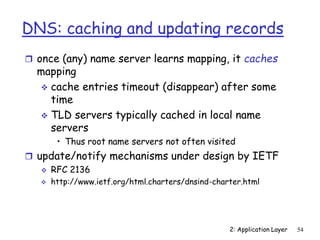 2: Application Layer 54
DNS: caching and updating records
 once (any) name server learns mapping, it caches
mapping
 cache entries timeout (disappear) after some
time
 TLD servers typically cached in local name
servers
• Thus root name servers not often visited
 update/notify mechanisms under design by IETF
 RFC 2136
 http://www.ietf.org/html.charters/dnsind-charter.html
 