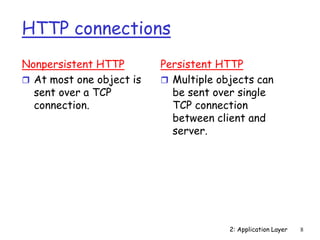 2: Application Layer 8
HTTP connections
Nonpersistent HTTP
 At most one object is
sent over a TCP
connection.
Persistent HTTP
 Multiple objects can
be sent over single
TCP connection
between client and
server.
 