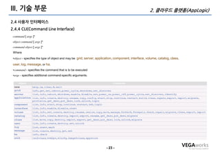 III. 기술 부문                                                                                            2. 클라우드 플랫폼(AppLogic)

2.4 사용자 인터페이스
2.4.4 CLI(Command Line Interface)
 command [ args ]*
 object command [ args ]*
 command object [ args ]*
 Where
 •object - specifies the type of object and may be: grid, server, application, component, interface, volume, catalog, class,

 user, log, message, or ha.
 •command - specifies the command that is to be executed
 •args - specifies additional command-specific arguments.




                                                                      - 23 -
 
