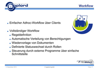 Workflow




     Einfacher Adhoc-Workflow über Clients

     Vollständiger Workflow
      Regeldefinition
      Automatische Verteilung von Berechtigungen
      Wiedervorlage von Dokumenten
      Definierte Statuswechsel durch Rollen
      Steuerung durch externe Programme über einfache
      Schnittstelle



2. Dezember 2010              © applord gmbh             Folie 17
 