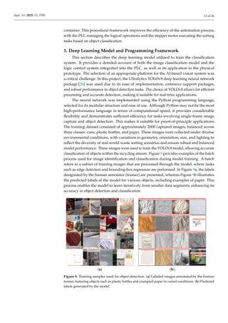 Appl. Sci. 2025, 15, 1550 12 of 26
container. This procedural framework improves the efficiency of the automation process,
with the PLC managing the logical operations and the stepper motor executing the sorting
tasks based on object classification.
3. Deep Learning Model and Programming Framework
This section describes the deep learning model utilized to train the classification
system. It provides a detailed account of both the image classification model and the
logic control system integrated into the PLC, as well as its application in the physical
prototype. The selection of an appropriate platform for the AI-based vision system was
a critical challenge. In this project, the Ultralytics YOLOv8 deep learning neural network
package [26] was used due to its ease of implementation, extensive support packages,
and robust performance in object detection tasks. The choice of YOLOv8 allows for efficient
processing and accurate detection, making it suitable for real-time applications.
The neural network was implemented using the Python programming language,
selected for its modular structure and ease of use. Although Python may not be the most
high-performance language in terms of computational speed, it provides considerable
flexibility and demonstrates sufficient efficiency for tasks involving single-frame image
capture and object detection. This makes it suitable for proof-of-principle applications.
The training dataset consisted of approximately 2000 captured images, balanced across
three classes: cans, plastic bottles, and paper. These images were collected under diverse
environmental conditions, with variations in geometry, orientation, size, and lighting to
reflect the diversity of real-world waste sorting scenarios and ensure robust and balanced
model performance. These images were used to train the YOLOv8 model, allowing accurate
classification of objects within the recycling stream. Figure 9 provides examples of the batch
process used for image identification and classification during model training. A batch
refers to a subset of training images that are processed through the model, where tasks
such as edge detection and bounding-box regression are performed. In Figure 9a, the labels
designated by the human annotator (trainer) are presented, whereas Figure 9b illustrates
the predicted labels of the model for various objects, including examples of paper. This
process enables the model to learn iteratively from smaller data segments, enhancing its
accuracy in object detection and classification.
(a) (b)
Figure 9. Training samples used for object detection. (a) Labeled images annotated by the human
trainer, featuring objects such as plastic bottles and crumpled paper in varied conditions. (b) Predicted
labels generated by the model.
 