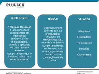 QUEM SOMOS                 MISSÃO             VALORES


A Plugged Research        Desenvolver em
   é uma consultoria      conjunto com as       Integração
   especializada em         organizações
       inteligência          unidades de       Flexibilidade
    competitiva nas      inteligência(Labs),
     mídias sociais,    visando a análise do   Transparência
  visando à aplicação    comportamento do
    do olhar humano        ser humano nos        Inovação
         sobre o         diversos pontos de
comportamento que o         contato para a     Objetividade
 indivíduo online tem    construção real da
   sobre as marcas.             marca.
 