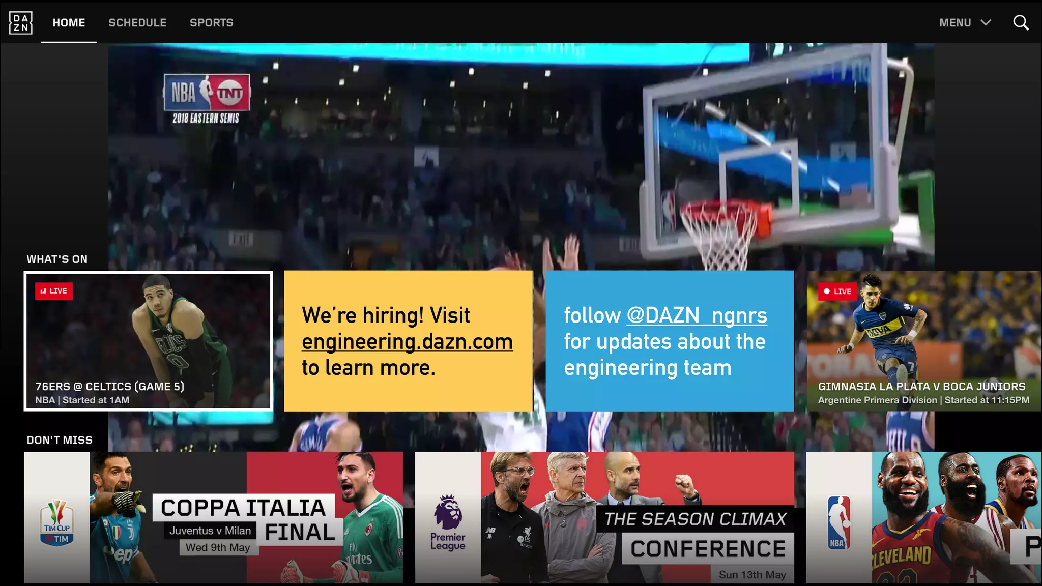 follow @DAZN_ngnrs
for updates about the
engineering team
We’re hiring! Visit
engineering.dazn.com
to learn more.
 