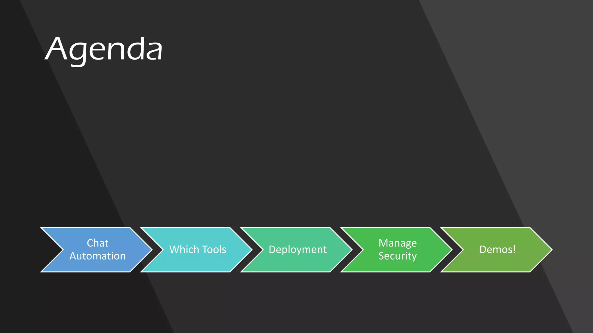 Agenda
Chat
Automation
Which Tools Deployment
Manage
Security
Demos!
 