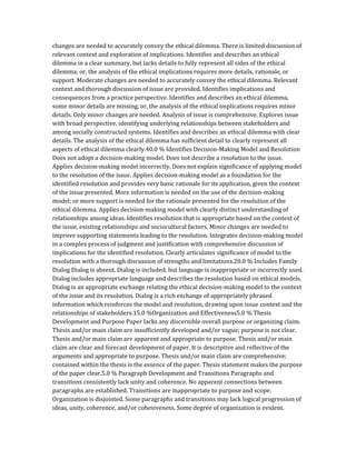 changes are needed to accurately convey the ethical dilemma. There is limited discussion of
relevant context and exploration of implications. Identifies and describes an ethical
dilemma in a clear summary, but lacks details to fully represent all sides of the ethical
dilemma; or, the analysis of the ethical implications requires more details, rationale, or
support. Moderate changes are needed to accurately convey the ethical dilemma. Relevant
context and thorough discussion of issue are provided. Identifies implications and
consequences from a practice perspective. Identifies and describes an ethical dilemma,
some minor details are missing, or, the analysis of the ethical implications requires minor
details. Only minor changes are needed. Analysis of issue is comprehensive. Explores issue
with broad perspective, identifying underlying relationships between stakeholders and
among socially constructed systems. Identifies and describes an ethical dilemma with clear
details. The analysis of the ethical dilemma has sufficient detail to clearly represent all
aspects of ethical dilemma clearly.40.0 % Identifies Decision-Making Model and Resolution
Does not adopt a decision-making model. Does not describe a resolution to the issue.
Applies decision-making model incorrectly. Does not explain significance of applying model
to the resolution of the issue. Applies decision-making model as a foundation for the
identified resolution and provides very basic rationale for its application, given the context
of the issue presented. More information is needed on the use of the decision-making
model; or more support is needed for the rationale presented for the resolution of the
ethical dilemma. Applies decision-making model with clearly distinct understanding of
relationships among ideas. Identifies resolution that is appropriate based on the context of
the issue, existing relationships and sociocultural factors. Minor changes are needed to
improve supporting statements leading to the resolution. Integrates decision-making model
in a complex process of judgment and justification with comprehensive discussion of
implications for the identified resolution. Clearly articulates significance of model to the
resolution with a thorough discussion of strengths and limitations.20.0 % Includes Family
Dialog Dialog is absent. Dialog is included, but language is inappropriate or incorrectly used.
Dialog includes appropriate language and describes the resolution based on ethical models.
Dialog is an appropriate exchange relating the ethical decision-making model to the context
of the issue and its resolution. Dialog is a rich exchange of appropriately phrased
information which reinforces the model and resolution, drawing upon issue context and the
relationships of stakeholders.15.0 %Organization and Effectiveness5.0 % Thesis
Development and Purpose Paper lacks any discernible overall purpose or organizing claim.
Thesis and/or main claim are insufficiently developed and/or vague; purpose is not clear.
Thesis and/or main claim are apparent and appropriate to purpose. Thesis and/or main
claim are clear and forecast development of paper. It is descriptive and reflective of the
arguments and appropriate to purpose. Thesis and/or main claim are comprehensive;
contained within the thesis is the essence of the paper. Thesis statement makes the purpose
of the paper clear.5.0 % Paragraph Development and Transitions Paragraphs and
transitions consistently lack unity and coherence. No apparent connections between
paragraphs are established. Transitions are inappropriate to purpose and scope.
Organization is disjointed. Some paragraphs and transitions may lack logical progression of
ideas, unity, coherence, and/or cohesiveness. Some degree of organization is evident.
 