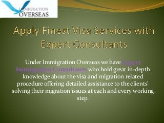 Under Immigration Overseas we have Expert
Immigration Consultants who hold great in-depth
knowledge about the visa and migration related
procedure offering detailed assistance to the clients’
solving their migration issues at each and every working
step.
 