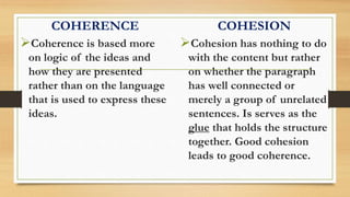 COHERENCE
Coherence is based more
on logic of the ideas and
how they are presented
rather than on the language
that is used to express these
ideas.
COHESION
Cohesion has nothing to do
with the content but rather
on whether the paragraph
has well connected or
merely a group of unrelated
sentences. Is serves as the
glue that holds the structure
together. Good cohesion
leads to good coherence.
 
