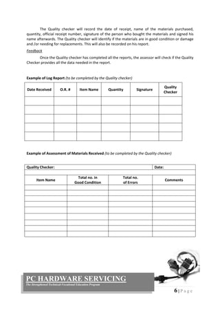 6 | P a g e
PC HARDWARE SERVICING
The Strengthened Technical-Vocational Education Program
The Quality checker will record the date of receipt, name of the materials purchased,
quantity, official receipt number, signature of the person who bought the materials and signed his
name afterwards. The Quality checker will identify if the materials are in good condition or damage
and /or needing for replacements. This will also be recorded on his report.
Feedback
Once the Quality checker has completed all the reports, the assessor will check if the Quality
Checker provides all the data needed in the report.
Example of Log Report (to be completed by the Quality checker)
Date Received O.R. # Item Name Quantity Signature
Quality
Checker
Example of Assessment of Materials Received (to be completed by the Quality checker)
Quality Checker: Date:
Item Name
Total no. in
Good Condition
Total no.
of Errors
Comments
 