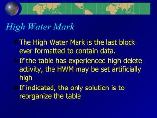 High Water Mark The High Water Mark is the last block ever formatted to contain data. If the table has experienced high delete activity, the HWM may be set artificially high If indicated, the only solution is to reorganize the table 