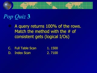 Pop Quiz  3 A query returns 100% of the rows. Match the method with the # of consistent gets (logical I/Os) Full Table Scan 1. 1500 Index Scan 2. 7100 