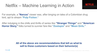 For example, a "Narcos" viewer was, after binging on tales of a Colombian drug
lord, apt to stream "Pulp Fiction."
After indulging in the chills and thrills of series like "Stranger Things" and "American
Horror Story," folks turned to sunnier fare like "Zootopia" and "Mean Girls."
All of the above are recommendations that tell us what to
sell to these customers based on their behavior(s)
 