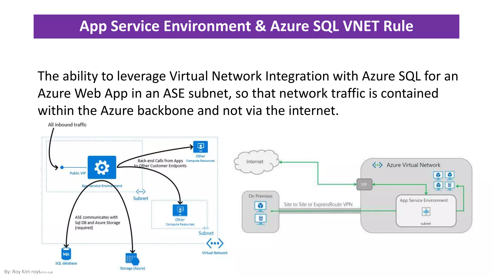 App Service Environment & Azure SQL VNET Rule
By: Roy Kim roykim.ca
The ability to leverage Virtual Network Integration with Azure SQL for an
Azure Web App in an ASE subnet, so that network traffic is contained
within the Azure backbone and not via the internet.
 