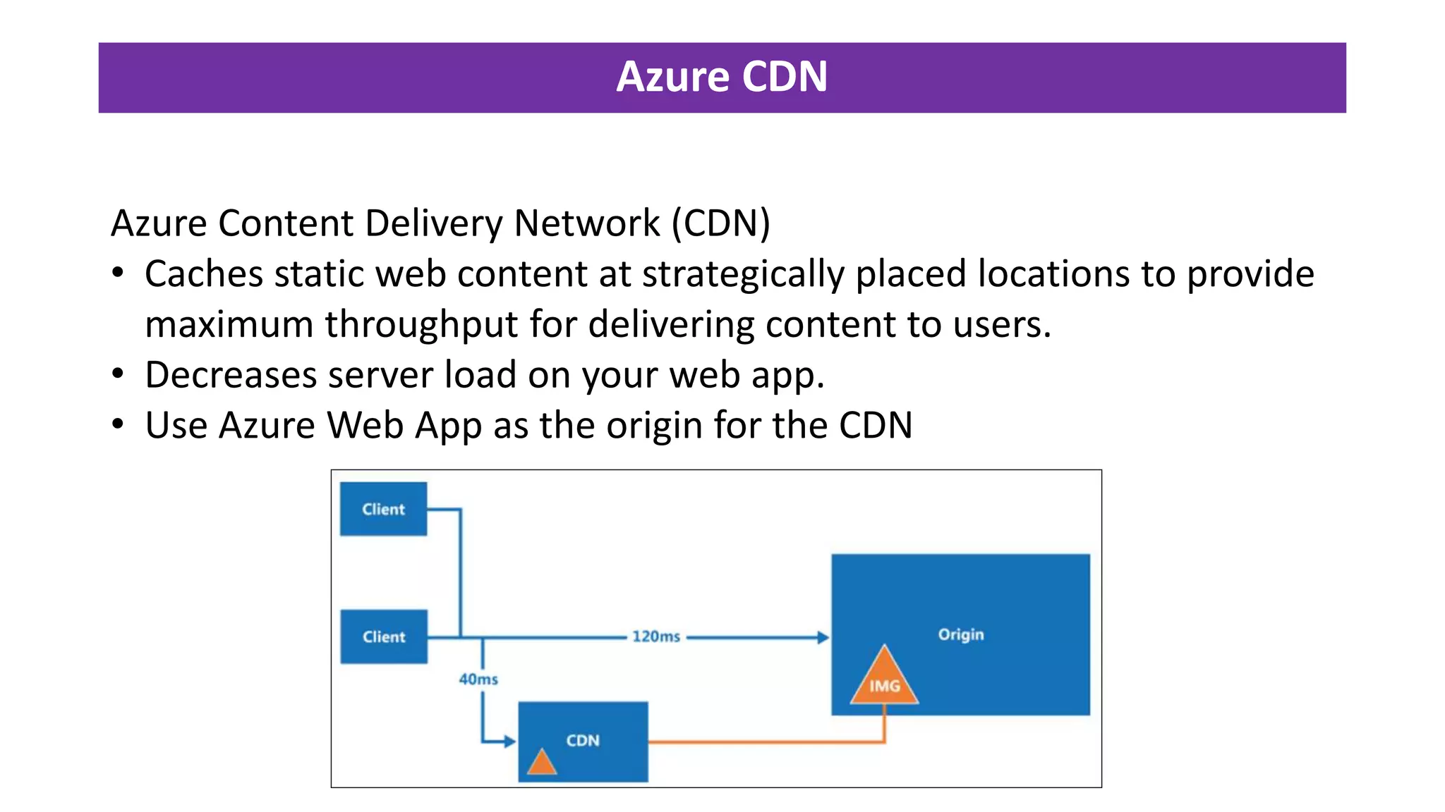 Azure CDN
Azure Content Delivery Network (CDN)
• Caches static web content at strategically placed locations to provide
maximum throughput for delivering content to users.
• Decreases server load on your web app.
• Use Azure Web App as the origin for the CDN
 