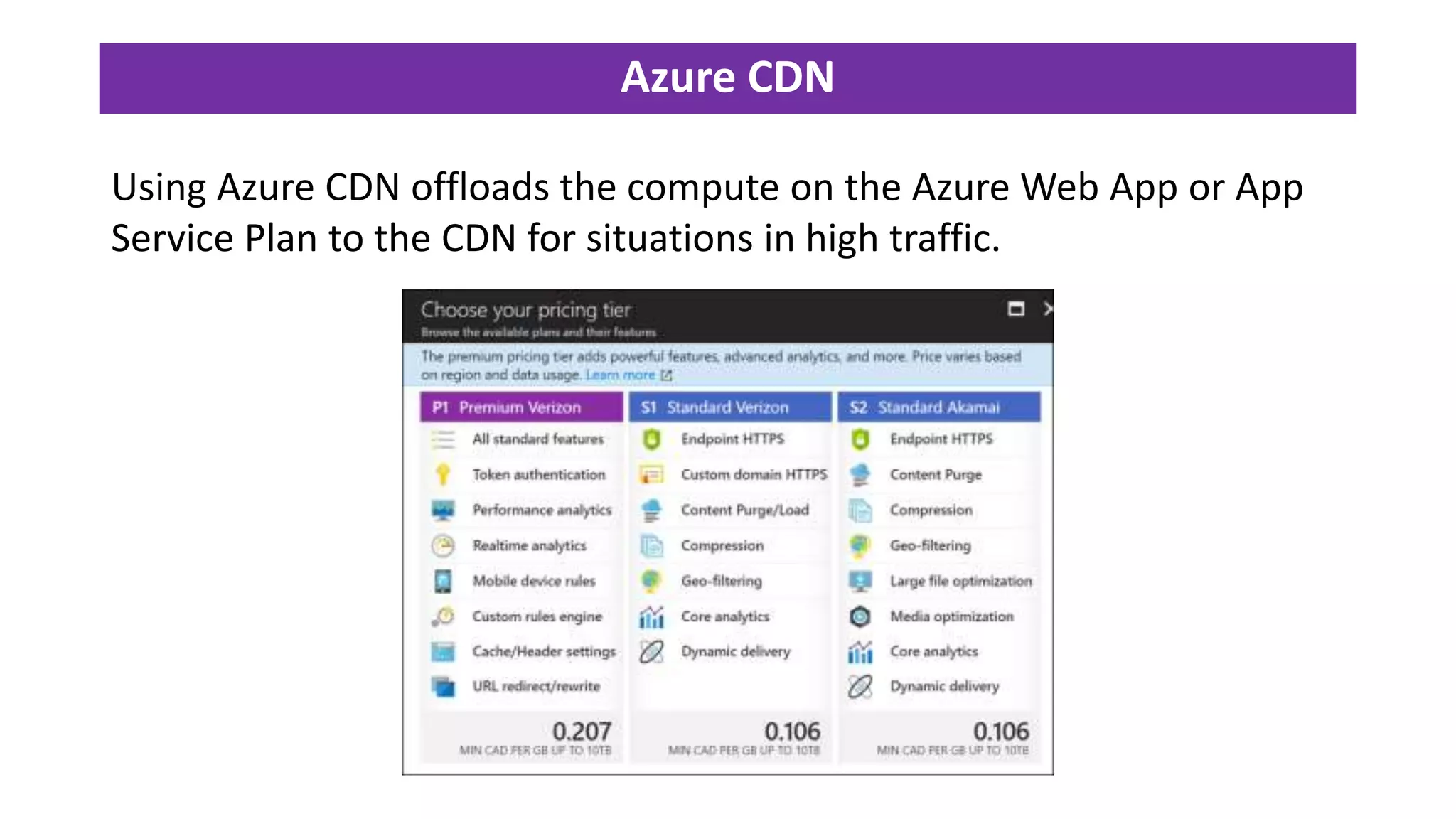 Azure CDN
Using Azure CDN offloads the compute on the Azure Web App or App
Service Plan to the CDN for situations in high traffic.
 