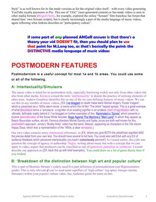 Style” is as well known for its fan-made versions as for the original video itself – with every video generating
YouTube royalty payments to Psy. This use of ‘UGC’ (user-generated content) or fan-made videos is seen in
other media formats (Brigid Cherry, for example, explored the online “Scream” film franchise fan forum that
shared fans’ own Scream scripts), but is clearly increasingly a part of the media language of music videos,
again reflecting what Jenkins describes as “participatory culture”.
POSTMODERN FEATURES
Postmodernism is a useful concept for most 1a and 1b areas. You could use some
or all of the following.
A: Intertextuality/Simulacra
The music video is noted for its postmodern style, especially borrowing widely not only from other videos but
also from other media. Kristeva coined the term ‘intertextuality’ to denote the practice of utilising elements of
other texts. Andrew Goodwin identifies this as one of the six core defining features of music videos. We can
see this in any number of music videos, [EX. I’ve blogged on death metal band Morbid Angel’s “Existo Vulgare”,
which is presented as a 1920s silent movie, a meme which the hit film “The Artist” helped spread. This is a great example
of what Baudrillard terms a ‘simulacra’: a signifier of an existing signifier in an endless chain of signification with no
ultimate, definable reality behind it. I’ve blogged on further examples of this: Rammstein’s “Sonne” which presents a
bizarre deconstruction of the Snow White fairytale; Rage Against The Machine’s “Mein Land” in which they appear as
Beach Boys-style surfers, etc etc. Famous directors Michel Gondry and Spike Jonze are both well known for this
postmodern approach. Jonze’s “Buddy Holly” video has the band, Weezer, appearing as characters in the 70s sitcom
Happy Days, which was a representation of the 1950s, a clear simulacra.].
Our own video contains many intertextual references: to [EX, where you give BOTH the artist/track signified AND
the precise detail from your own text. You should have several to list here. You could also add EAA with any EX of
audience feedback which perceived intertextuality you hadn’t consciously planned!] As I noted earlier, this calls into
question the concept of agency or authorship. Negus, writing about music but with a concept that we can
apply to video, argues that producers can be classified as one of genericist, pastichist or synthesist. I would
describe our approach as [EX: back this up with brief examples]. You could draw on a lot of genre theory here if
you wished.
B: ‘Breakdown of the distinction between high art and popular culture’
This is part of Dominic Strinati’s widely-used five-part definition of postmodernism (see Representation
guide). This is only relevant if you’ve used some signifiers of ‘high culture’ (eg opera, foreign cinema,
literature) within your popular culture video. See Audience guide for more on this.
Applying MANGeR Theories: possible themes to tackle produced by Dave Burrowes 3
if some part of any planned ANGeR answer is that there's a
theory your vid DOESN'T fit, then you should plan to use
that point for M.Lang too, as that's basically the point: the
DISTINCTIVE media language of music videos
 