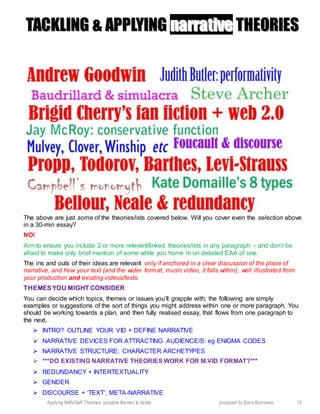 Applying MANGeR Theories: possible themes to tackle produced by Dave Burrowes 15
TTAACCKKLLIINNGG && AAPPPPLLYYIINNGG nnaarrrraattiivvee TTHHEEOORRIIEESS
The above are just some of the theories/ists covered below. Will you cover even the selection above
in a 30-min essay?
NO!
Aim to ensure you include 2 or more relevant/linked theories/ists in any paragraph – and don’t be
afraid to make only brief mention of some while you home in on detailed EAA of one.
The ins and outs of their ideas are relevant only if anchored in a clear discussion of the place of
narrative, and how your text (and the wider format, music video, it falls within), well illustrated from
your production and existing videos/texts.
THEMES YOU MIGHT CONSIDER
You can decide which topics, themes or issues you’ll grapple with; the following are simply
examples or suggestions of the sort of things you might address within one or more paragraph. You
should be working towards a plan, and then fully realised essay, that flows from one paragraph to
the next.
 INTRO? OUTLINE YOUR VID + DEFINE NARRATIVE
 NARRATIVE DEVICES FOR ATTRACTING AUDIENCE/S: eg ENIGMA CODES
 NARRATIVE STRUCTURE; CHARACTER ARCHETYPES
 ***DO EXISTING NARRATIVE THEORIES WORK FOR M.VID FORMAT?***
 REDUNDANCY + INTERTEXTUALITY
 GENDER
 DISCOURSE + ‘TEXT’; META-NARRATIVE
 