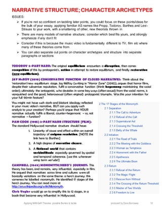 Applying MANGeR Theories: possible themes to tackle produced by Dave Burrowes 19
NARRATIVE STRUCTURE;CHARACTER ARCHETYPES
ISSUES:
 If you’re not so confident on tackling later points, you could focus on these points/ideas for
the bulk of your essay, applying familiar AS names like Propp, Todorov, Barthes and Levi-
Strauss to your work, with a smattering of other, new theorists thrown in
 There are many models of narrative structure; consider which best fits yours, and strongly
emphasize if any don’t fit
 Consider if this is because the music video is fundamentally different to TV, film etc where
many of these theories come from
 You can also separate out points on character archetypes and structure into separate
paragraphs or sections
TODOROV 5-PART NARR: The original equilibrium encounters a disruption, then comes
recognition of this by protagonist/s, action in attempt to restore equilibrium, and finally restoration
(new equilibrium).
JAY McROY (2010) CONSERVATIVE FUNCTION OF CLOSED NARRATIVES: Think about the
‘restoration’/new equilibrium stage. Jay McRoy (writing in “Horror Zone” (2010)), argues that horror films,
despite their subversive reputation, fulfil a conservative function (think hegemony: maintaining the social
order); ultimately the antagonist, who deviates in some key ways (often sexual) from the social norms, is
vanquished and the good, heterosexual (often virginal) protagonist triumphs. Was this your intention for
your full 90min feature?
You might not have such stark and blatant ideology reflected
in your music video’s narrative, BUT can you apply such
analysis to your creation? Perhaps you’d argue that YOUR
narrative actually fulfils a liberal, counter-hegemonic – so, not
normative – function?
PAM COOK (1985) 3-PART NARR STRUCTURE [FILM]:
The standard Hollywood narrative structure should have:
1. Linearity of cause and effect within an overall
trajectory of enigma resolution. [NOTE the
link here to Barthes]
2. A high degree of narrative closure.
3. A fictional world that contains
verisimilitude especially governed by spatial
and temporal coherence. [use this whenever
using term ver’ude!]
CAMPBELL (1949) MONOMYTH/HERO’S JOURNEY: This
theory has been, and remains, very influential, especially in film.
He argued that narratives across time and cultures were all
basically variations on the same theme: a hero’s journey; this
sameness he labelled monomyth. He identified 17 stages of the
hero’s journey. You can read more at
http://en.wikipedia.org/wiki/Monomyth.
Chris Vogler would go on to simplify this to 12 stages, in a
book that became very influential in Hollywood.
 