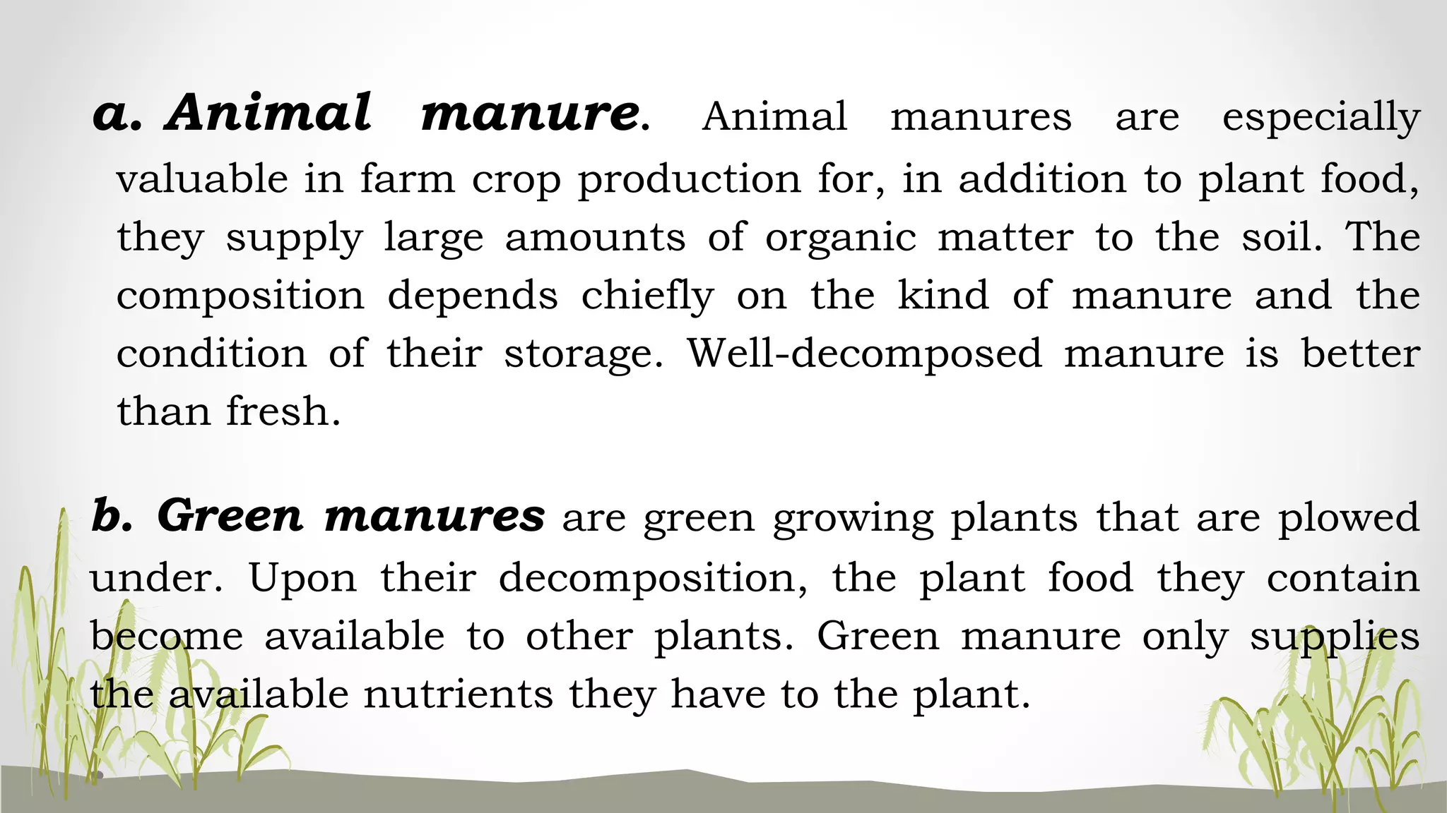 a. Animal manure. Animal manures are especially
valuable in farm crop production for, in addition to plant food,
they supply large amounts of organic matter to the soil. The
composition depends chiefly on the kind of manure and the
condition of their storage. Well-decomposed manure is better
than fresh.
b. Green manures are green growing plants that are plowed
under. Upon their decomposition, the plant food they contain
become available to other plants. Green manure only supplies
the available nutrients they have to the plant.
 