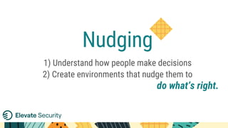 Nudging
1) Understand how people make decisions
2) Create environments that nudge them to
do what’s right.
 