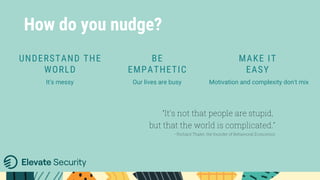 It's messy
UNDERSTAND THE
WORLD
Motivation and complexity don't mix
MAKE IT
EASY
Our lives are busy
BE
EMPATHETIC
“It's not that people are stupid,
but that the world is complicated.”
- Richard Thaler, the founder of Behavioral Economics
How do you nudge?
 