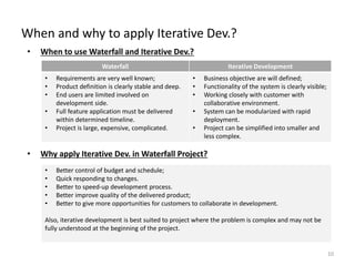 When and why to apply Iterative Dev.?
10
• When to use Waterfall and Iterative Dev.?
• Why apply Iterative Dev. in Waterfall Project?
Waterfall Iterative Development
• Requirements are very well known;
• Product definition is clearly stable and deep.
• End users are limited involved on
development side.
• Full feature application must be delivered
within determined timeline.
• Project is large, expensive, complicated.
• Business objective are will defined;
• Functionality of the system is clearly visible;
• Working closely with customer with
collaborative environment.
• System can be modularized with rapid
deployment.
• Project can be simplified into smaller and
less complex.
• Better control of budget and schedule;
• Quick responding to changes.
• Better to speed-up development process.
• Better improve quality of the delivered product;
• Better to give more opportunities for customers to collaborate in development.
Also, iterative development is best suited to project where the problem is complex and may not be
fully understood at the beginning of the project.
 